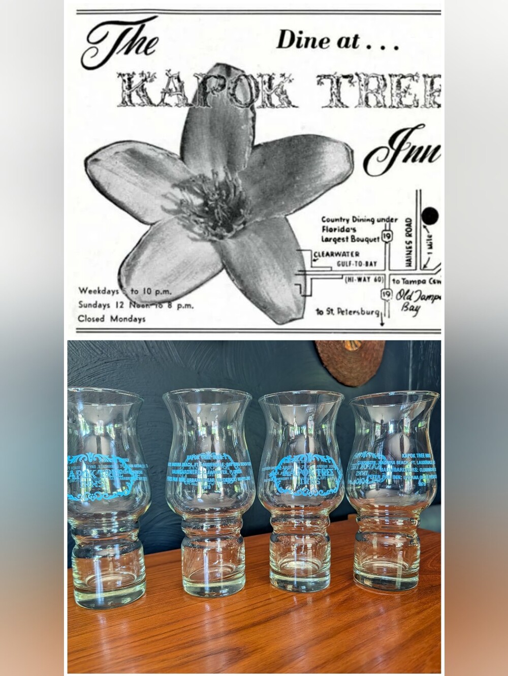 Vintage 1979 Kapok Tree Inns Florida Hurricane Glasses Tiki Restaurant Barware